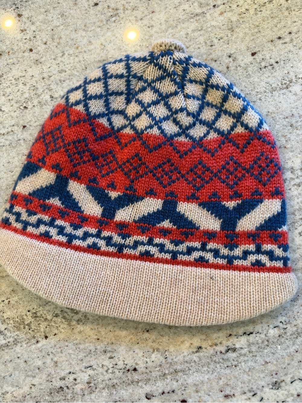 Women’s Fair Isle Knit Beanie in Red, Blue & Cream